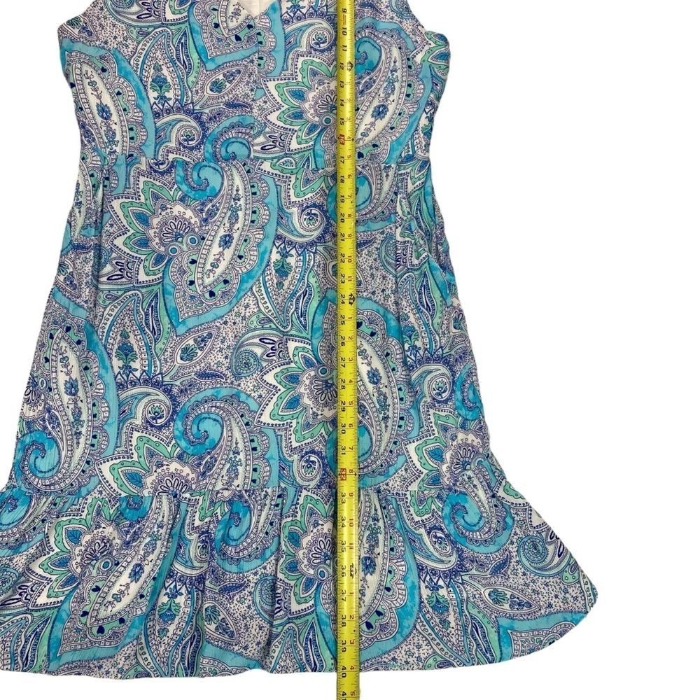 Cynthia Rowley Paisley Ruffle Hem Dress Womens Size 12 Blue Pockets Festive Boho - Picture 7 of 11